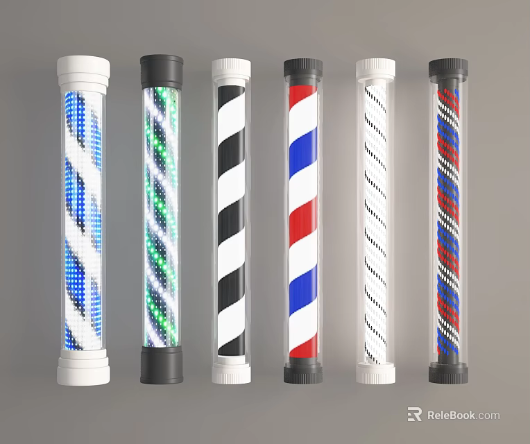 Assorted Colorful Barber Poles Showcasing Striped And Patterned Designs 3d model 