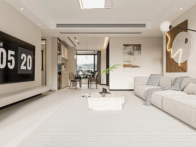 Modern Living Dining Room Interior With TV Sofa Area Rug Artwork And Dining Table 3d model