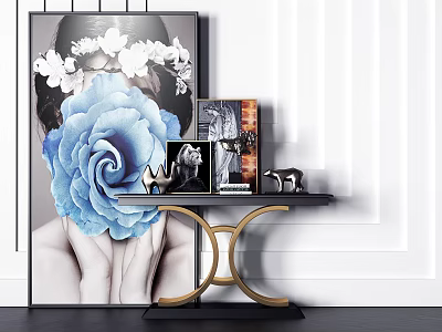 Modern Console Table With Large Blue Flower Painting Framed Photos And Gold Metal Base 3d model