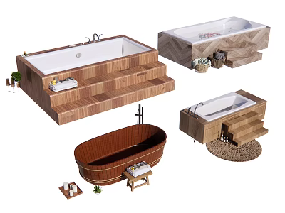 Stylish Bathtub Designs With Wooden Steps Marble Accents Brown Finish And Decorative Plants 3d model