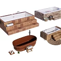 Stylish Bathtub Designs With Wooden Steps Marble Accents Brown Finish And Decorative Plants