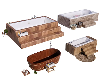 Stylish Bathtub Designs With Wooden Steps Marble Accents Brown Finish And Decorative Plants 3d model