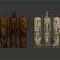 Industrial Equipment With Rusty Orange And White Tanks Pipes Valves And Warning Signs