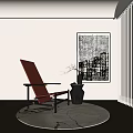 Modern Red Single Chair With Black Frame Near Decorative Painting And Vase On Rug