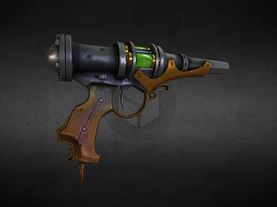 Vintage Steampunk Pistol With Wooden Grip And Green Energy Core 3d model