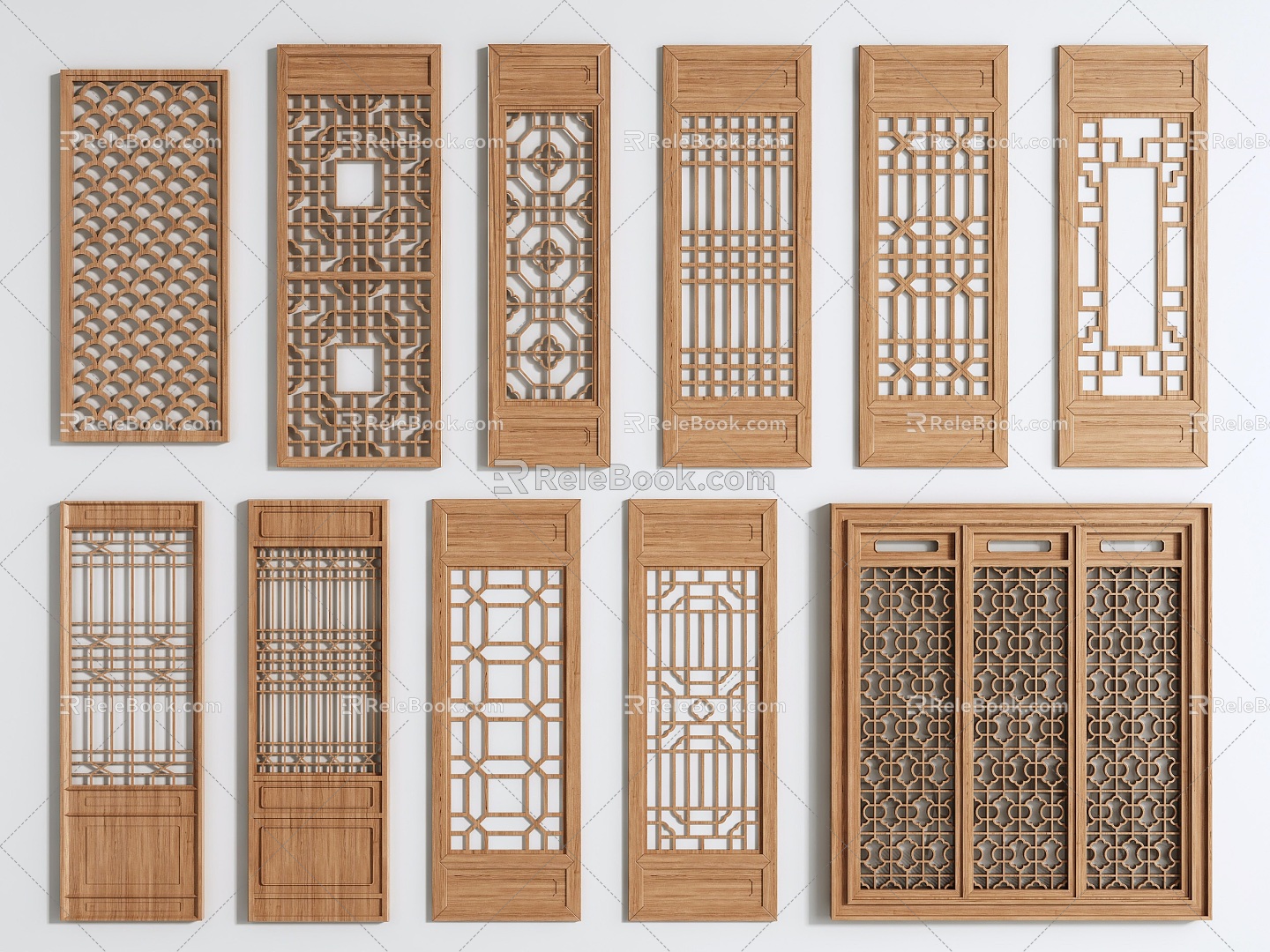 Wood carving antique doors and windows solid wood lattice hollow carved hollow window lattice screen partition 3d model