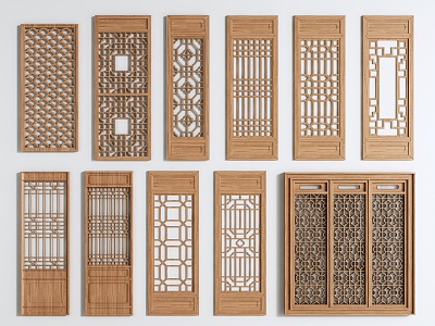 Wood carving antique doors and windows solid wood lattice hollow carved hollow window lattice screen partition 3d model