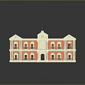 Red And White Three Story Building Model With White Roof Balconies Columns Flag And Reflection