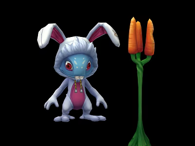 Cute Blue Rabbit Character With White Ears Pink Pants And Green Stem Carrots 3d model