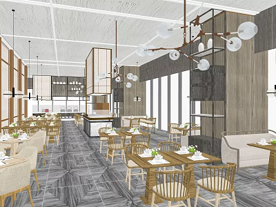 Modern Restaurant Interior With Open Kitchen Dining Tables Wooden Chairs And Chandeliers 3d model