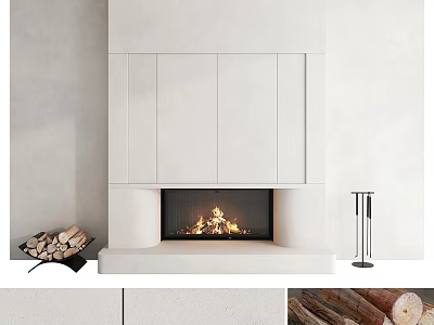 Minimalist White Fireplace Design With Burning Fire And Stacked Wood Logs 3d model