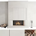 Minimalist White Fireplace Design With Burning Fire And Stacked Wood Logs 3d model