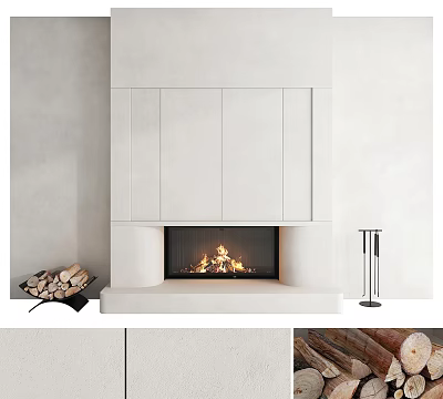 Minimalist White Fireplace Design With Burning Fire And Stacked Wood Logs 3d model