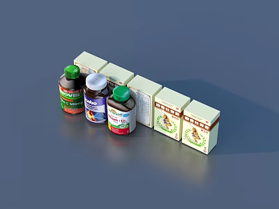 Daily Life Essentials With Green Cap Bottles And Labeled White Boxes 3d model