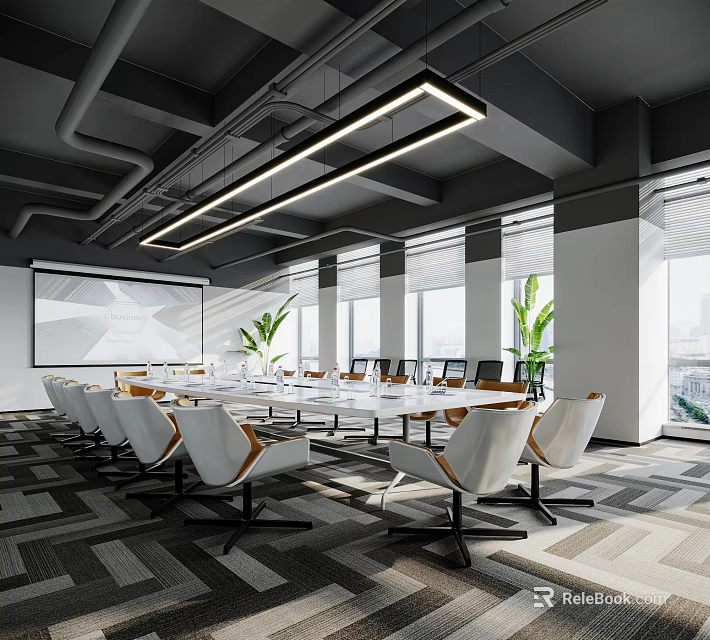 Modern Industrial Conference Room With Long Table White Chairs Plants Large Windows And Projection Screen 3d model 
