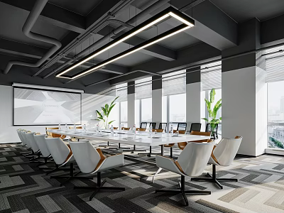 Modern Industrial Conference Room With Long Table White Chairs Plants Large Windows And Projection Screen 3d model