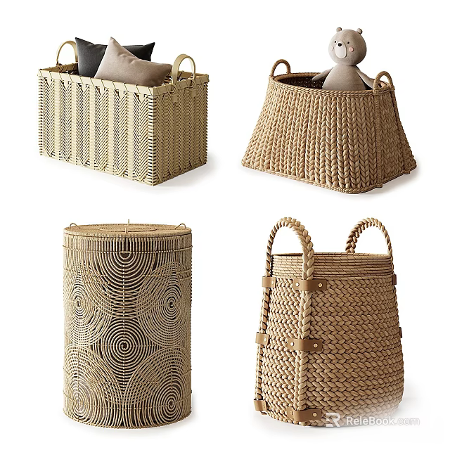 Woven Basket Decorative Storage Set with Handles and Various Patterns for Home Decor 3d model 