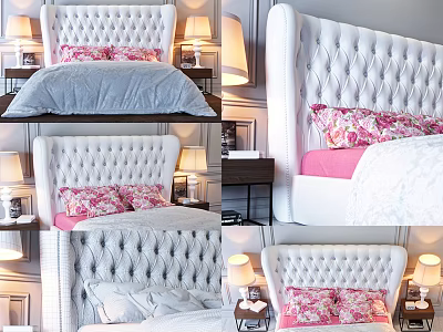 Double Bed With Tufted Headboard Pink Pillows Gray Comforter And Nightstand Lamps 3d model