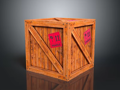 Sturdy Wooden Crate Featuring Wooden Planks Red Labels And Metal Rivets Design 3d model