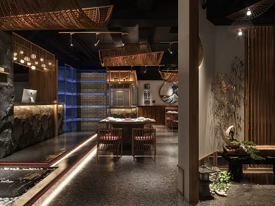 Japanese Style Restaurant Interior With Bamboo Ceiling Wooden Partitions And Stone Bar 3d model