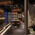 Japanese Style Restaurant Interior With Bamboo Ceiling Wooden Partitions And Stone Bar