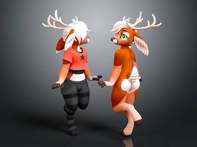 Two Anthropomorphic Deer Characters Holding Hands With White Antlers Brown Fur And Red Shirt 3d model