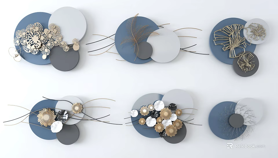 Layered Contemporary Wall Decor With Circular Blue Gray Panels And Gold Accents 3d model 