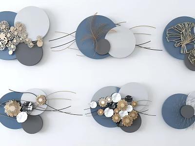 Layered Contemporary Wall Decor With Circular Blue Gray Panels And Gold Accents 3d model