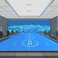 Modern Conference Room with Long Table Blue Surface Laptop and City Night View Large Screen