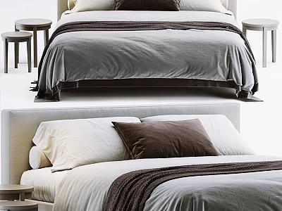 Stylish Double Bed With Gray Bedding White Pillows Brown Cushion And Wooden Stools 3d model
