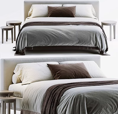 Stylish Double Bed With Gray Bedding White Pillows Brown Cushion And Wooden Stools 3d model