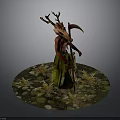 Red Skinned Figure With Antlered Head Holding Scythe On Circular Base With Fallen Leaves Plants