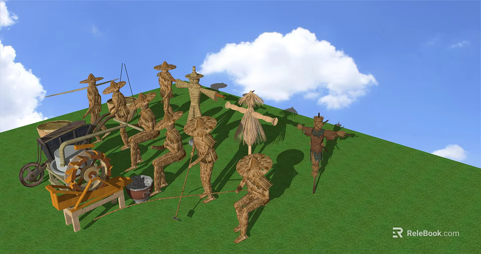 Agricultural Equipment with Scarecrows on Green Grassland under Blue Sky and White Clouds 3d model 