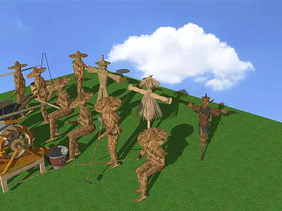 Agricultural Equipment with Scarecrows on Green Grassland under Blue Sky and White Clouds 3d model