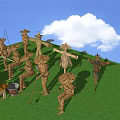 Agricultural Equipment with Scarecrows on Green Grassland under Blue Sky and White Clouds