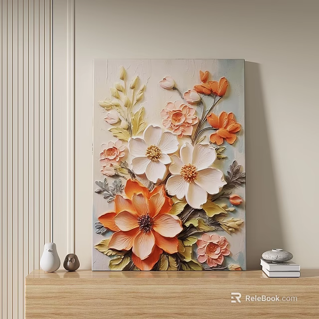 3D Floral Wall Art With Orange White Flowers And Green Leaves For Home Decor 3d model 