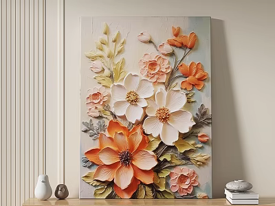 3D Floral Wall Art With Orange White Flowers And Green Leaves For Home Decor 3d model