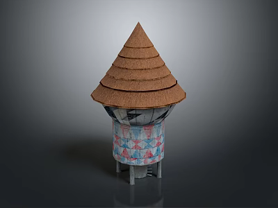Traditional Architectural Structure With Layered Brown Conical Roof And Colorful Geometric Patterns 3d model
