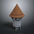 Traditional Architectural Structure With Layered Brown Conical Roof And Colorful Geometric Patterns