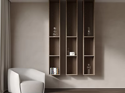 Modern Wooden Wall Mounted Bookcase With Shelves Books And Decor Items Next To White Armchair 3d model