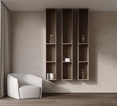 Modern Wooden Wall Mounted Bookcase With Shelves Books And Decor Items Next To White Armchair 3d model