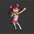 Happy Child With Red Hair Pigtails Purple Cat Ears Yellow Top Dancing In Pink Skirt