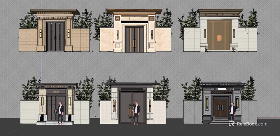 Various Modern Entrance Gate Designs With Stone Walls Metal Doors And Green Plants 3d model 