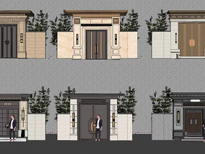 Various Modern Entrance Gate Designs With Stone Walls Metal Doors And Green Plants 3d model