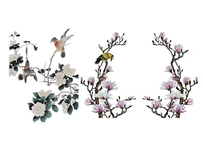 Beautiful Blooming Floral Branches With Pink And White Flowers And Birds 3d model