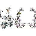 Beautiful Blooming Floral Branches With Pink And White Flowers And Birds
