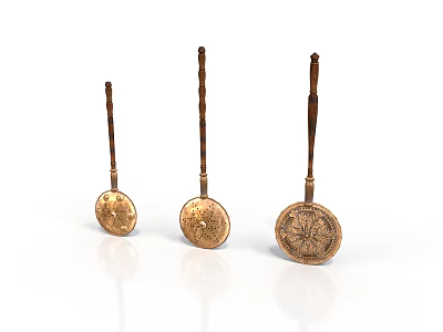 Three Copper Spoons With Wooden Handles And Decorative Patterns In Different Sizes 3d model