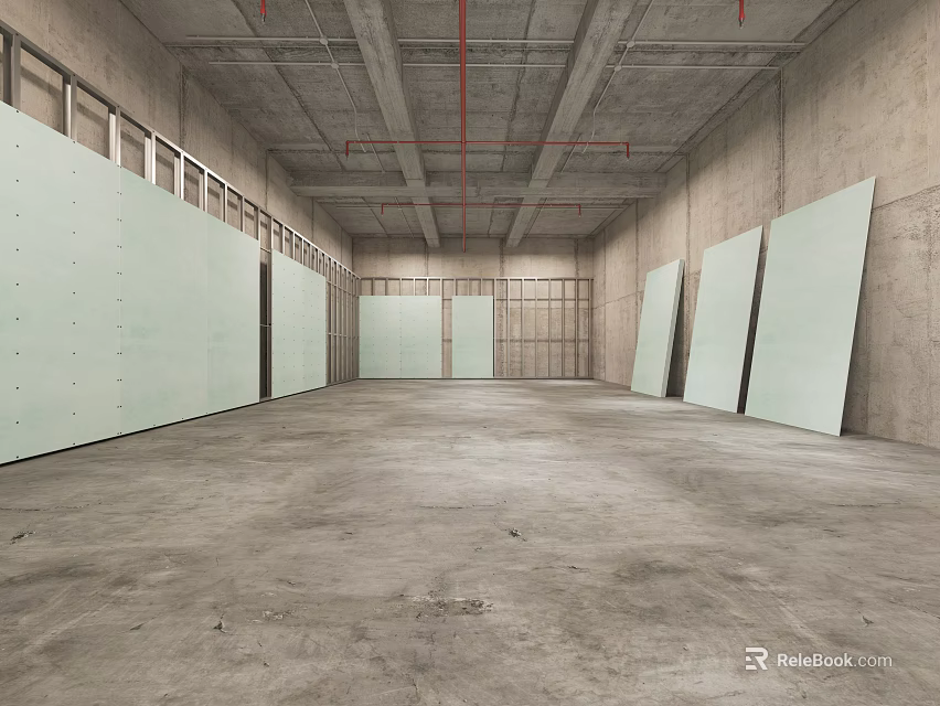 Large Industrial Ceiling Construction Site With Metal Pipes Framework And Drywall Panels 3d model 