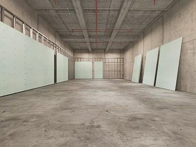 Large Industrial Ceiling Construction Site With Metal Pipes Framework And Drywall Panels 3d model