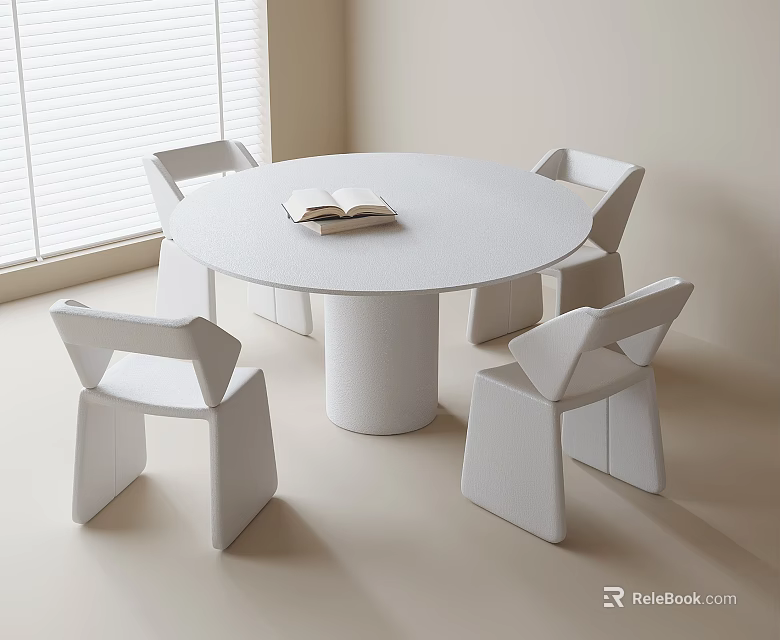 Modern White Round Dining Table And Chairs Set By Window With Blinds 3d model